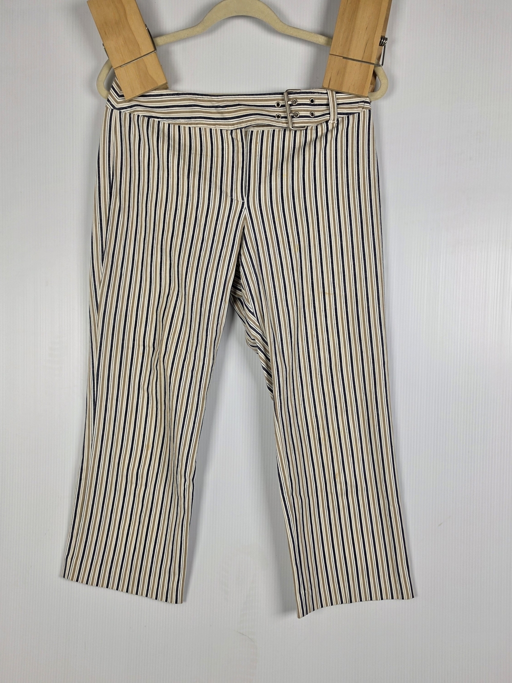 LOFT Cream and Navy Striped Crop Pants with Buckle Waist